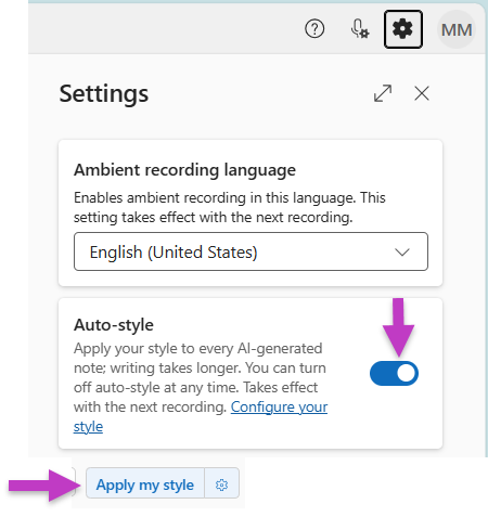 Auto-style option in the Settings menu and the Apply my style button highlighted.