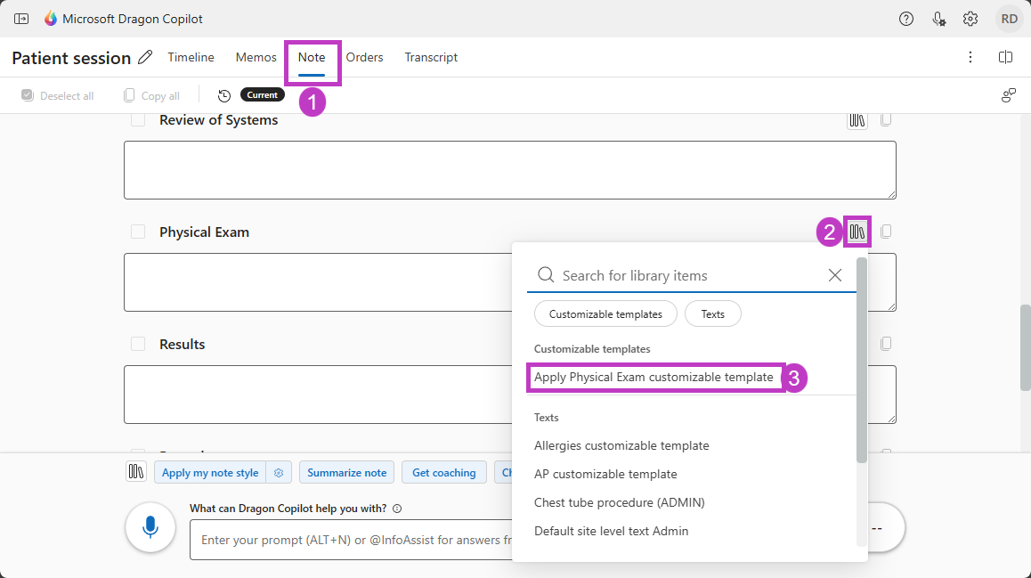 (1) Note tab, (2) Library icon, (3) apply physical exam customized template