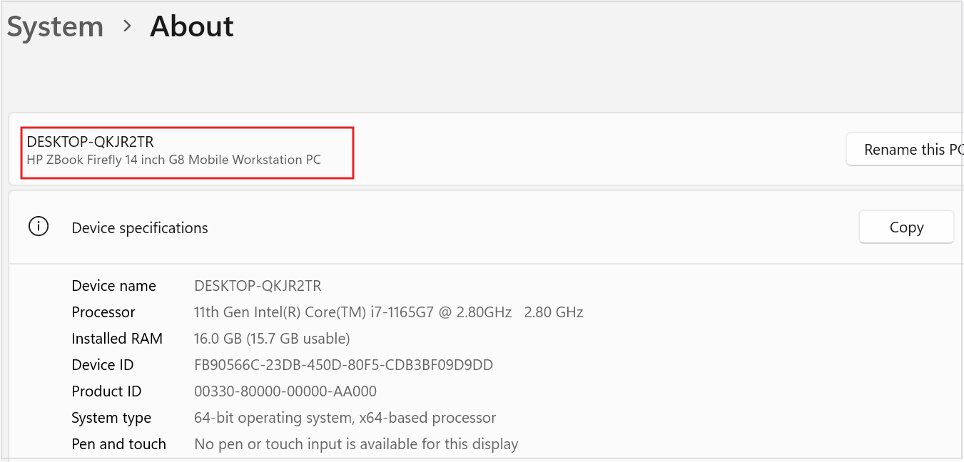 Screenshot of PC's device name and model