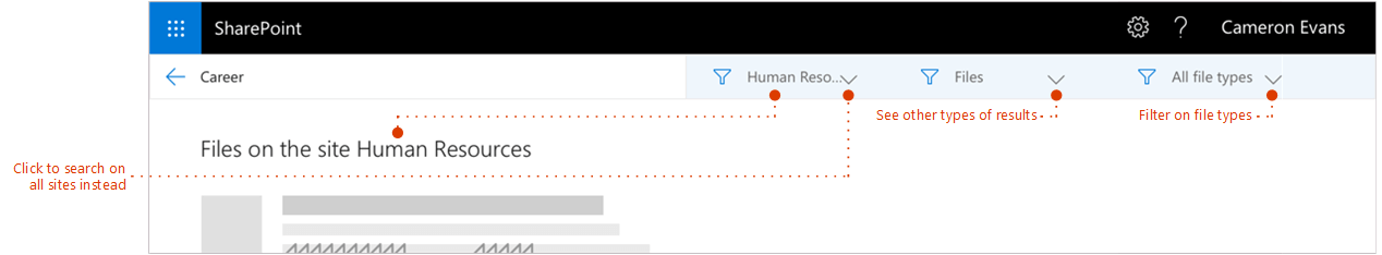 Screenshot of search results page, zoomed in to the top of the results where a breadcrumb show the site the results come from. Pointers to filters.