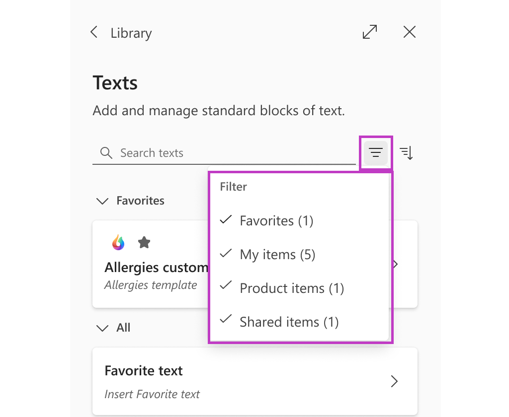 Filter icon selected with all groups in dropdown list checked: Favorites, My items, Product items, and Shared items