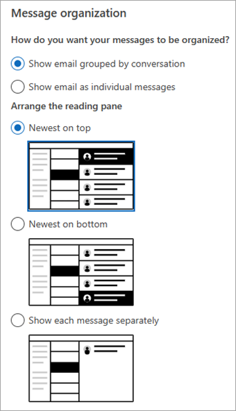 Screenshot of Settings > Mail> Layout section showing Message organization section