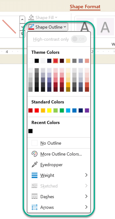 Shows line color options in Office