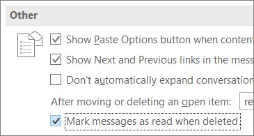Mark messages as read when deleted check box in Outlook OPtions dialog box