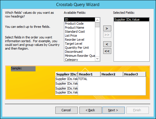 Select a field to display as row headings on the Crosstab query wizard.