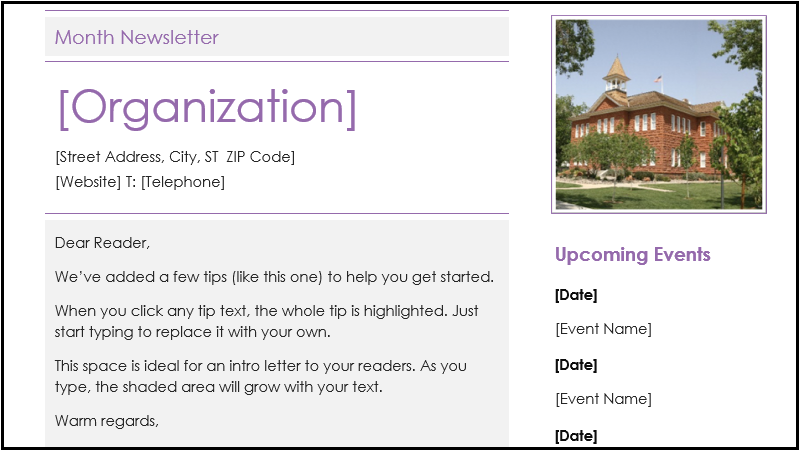 Screenshot of a school newletter template