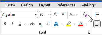 Clear all formatting button selected in font group