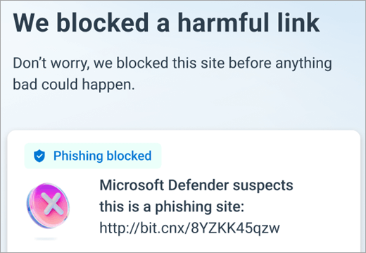 Microsoft Defender has blocked a harmful link on an Android device.